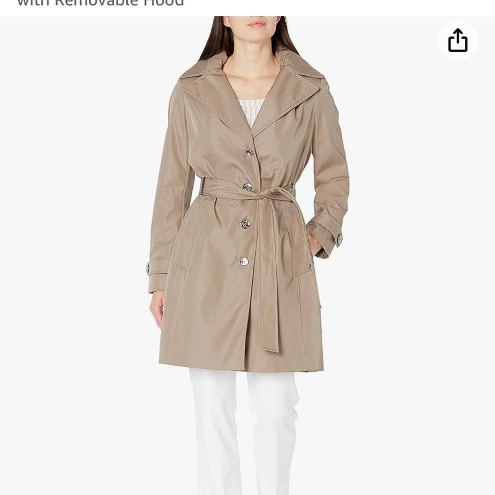 Calvin Klein Women's Single Breasted Belted Rain Jacket with Removable Hood M
